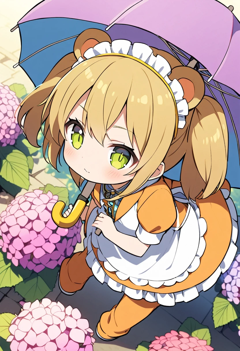 1girl,deltamon_beta, solo, (eyes highlight,((upturned eyes)),((Angle from above:1.3)),from above、Looking at camera,((umbrella:1.3)),
BREAK  {ponytail |short twintails | long hair |layered cut|bob cut},{black hair|brown hair|blonde hair},((idol)),((loli,Maid)),((chibi,loli)), (((hydrangea),a lot of flowers)),(bear full body costume Kigurumi),((Holding an umbrella:1.3))