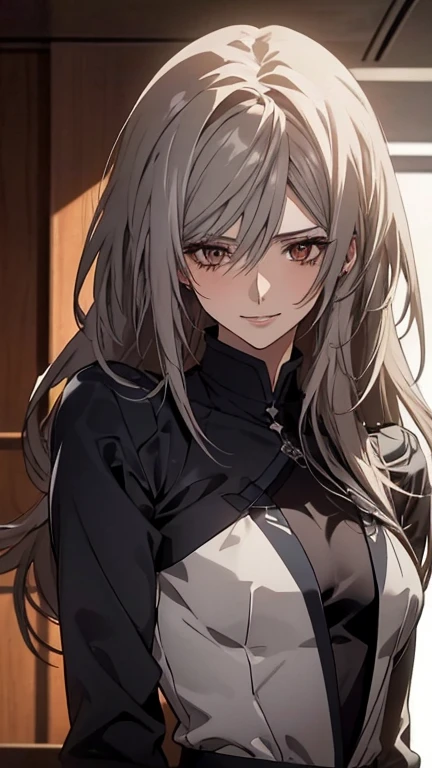 (Confused, High resolution, Very detailed), 1 female, Silver Hair,Long Hair,Reddish brown eyes,suit,20th generation,Beautiful woman,A shy smile,thin,quiet,Small breasts,Calm,conference room