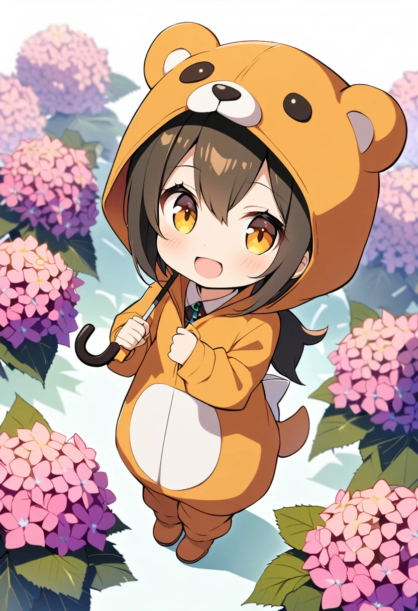 1girl,deltamon_beta, solo, (eyes highlight,((upturned eyes)),((Angle from above:1.3)),from above、Looking at camera,((umbrella:1.3)),
BREAK {ponytail |short twintails | long hair |layered cut|bob cut},{black hair|brown hair|blonde hair},((idol)),((loli,Maid)),((chibi,loli)), (((hydrangea),a lot of flowers)),(bear full body costume Kigurumi),((Holding an umbrella:1.3))