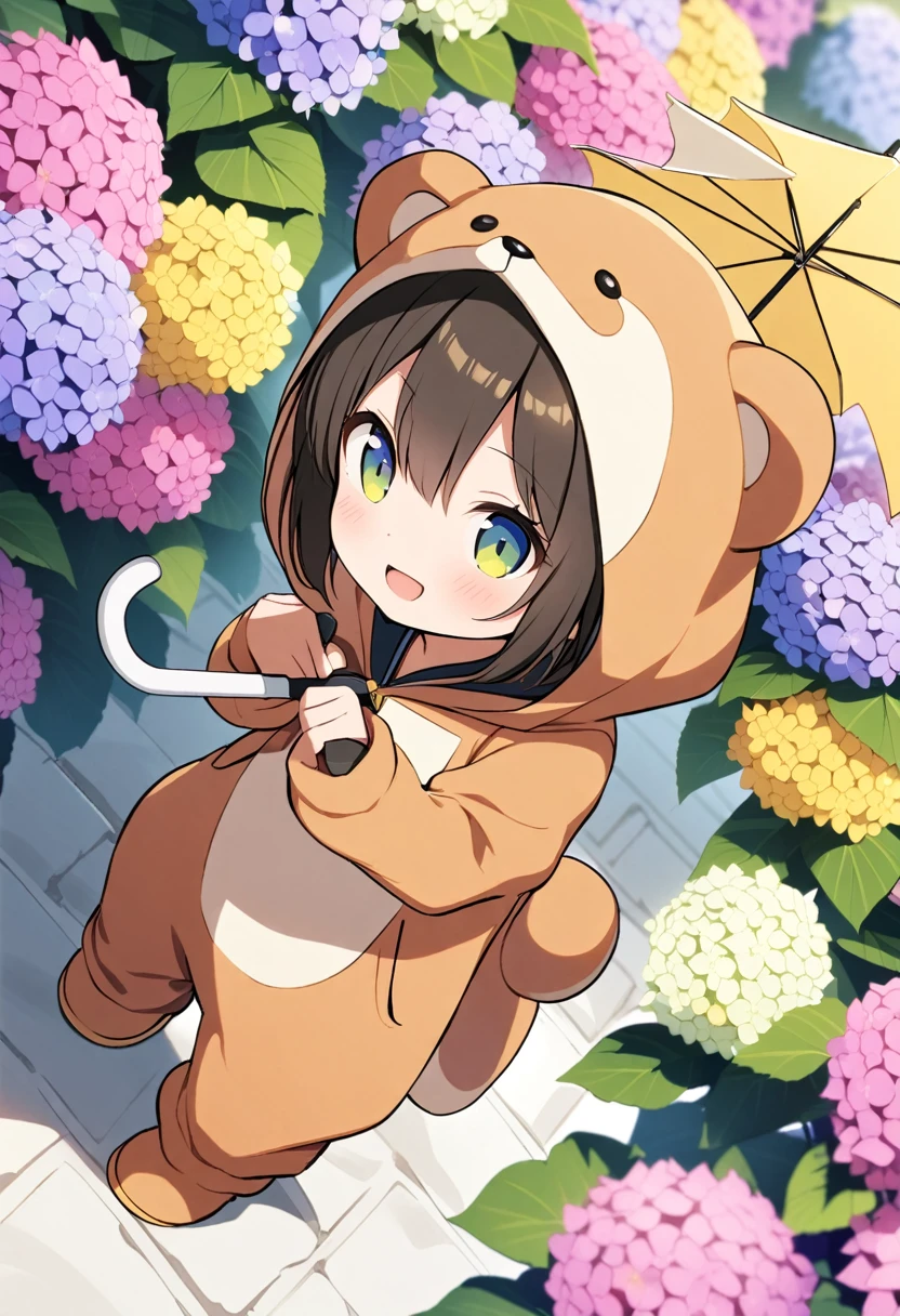 1girl,deltamon_beta, solo, (eyes highlight,((upturned eyes)),((Angle from above:1.3)),from above、Looking at camera,((umbrella:1.3)),
BREAK {ponytail |short twintails | long hair |layered cut|bob cut},{black hair|brown hair|blonde hair},((idol)),((,Maid)),((chibi,loli(((hydrangea),a lot of flowers)),(bear full body costume Kigurumi),((Holding an umbrella:1.3))