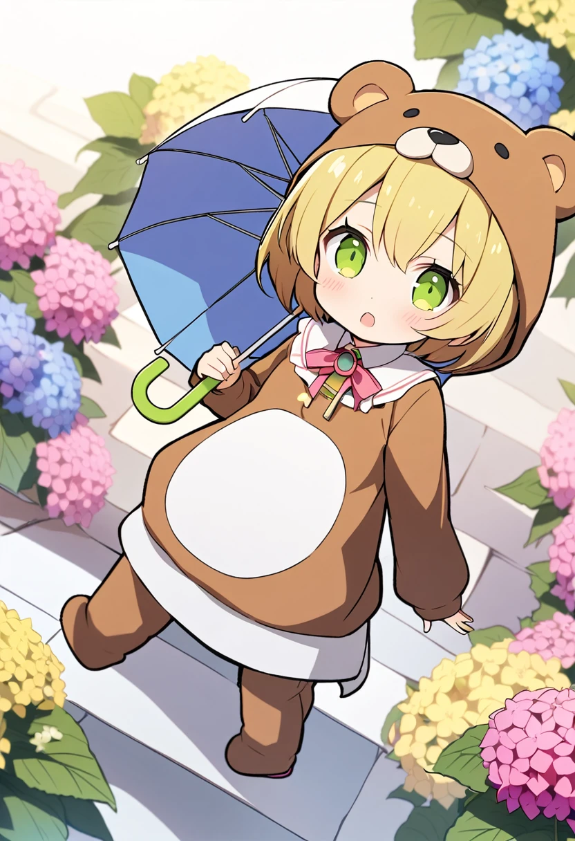 1girl,deltamon_beta, solo, (eyes highlight,((upturned eyes)),((Angle from above:1.3)),from above、Looking at camera,((umbrella:1.3)),
BREAK {ponytail |short twintails | long hair |layered cut|bob cut},{black hair|brown hair|blonde hair},((idol)),((,Maid)),((chibi,loli(((hydrangea),a lot of flowers)),(bear full body costume Kigurumi),((Holding an umbrella:1.3))