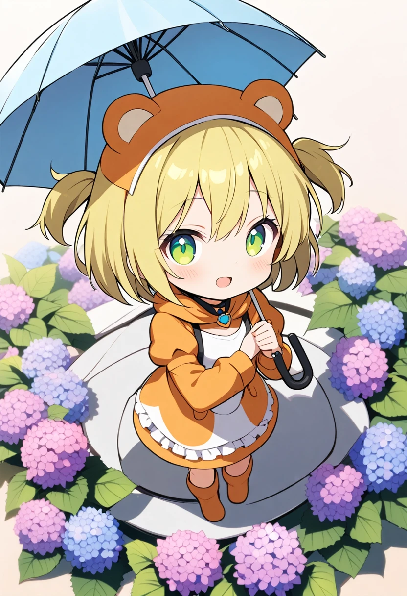 1girl,deltamon_beta, solo, (eyes highlight,((upturned eyes)),((Angle from above:1.3)),from above、Looking at camera,((umbrella:1.3)),
BREAK {ponytail |short twintails | long hair |layered cut|bob cut},{black hair|brown hair|blonde hair},((idol)),((,Maid)),((chibi,loli(((hydrangea),a lot of flowers)),(bear full body costume Kigurumi),((Holding an umbrella:1.3))