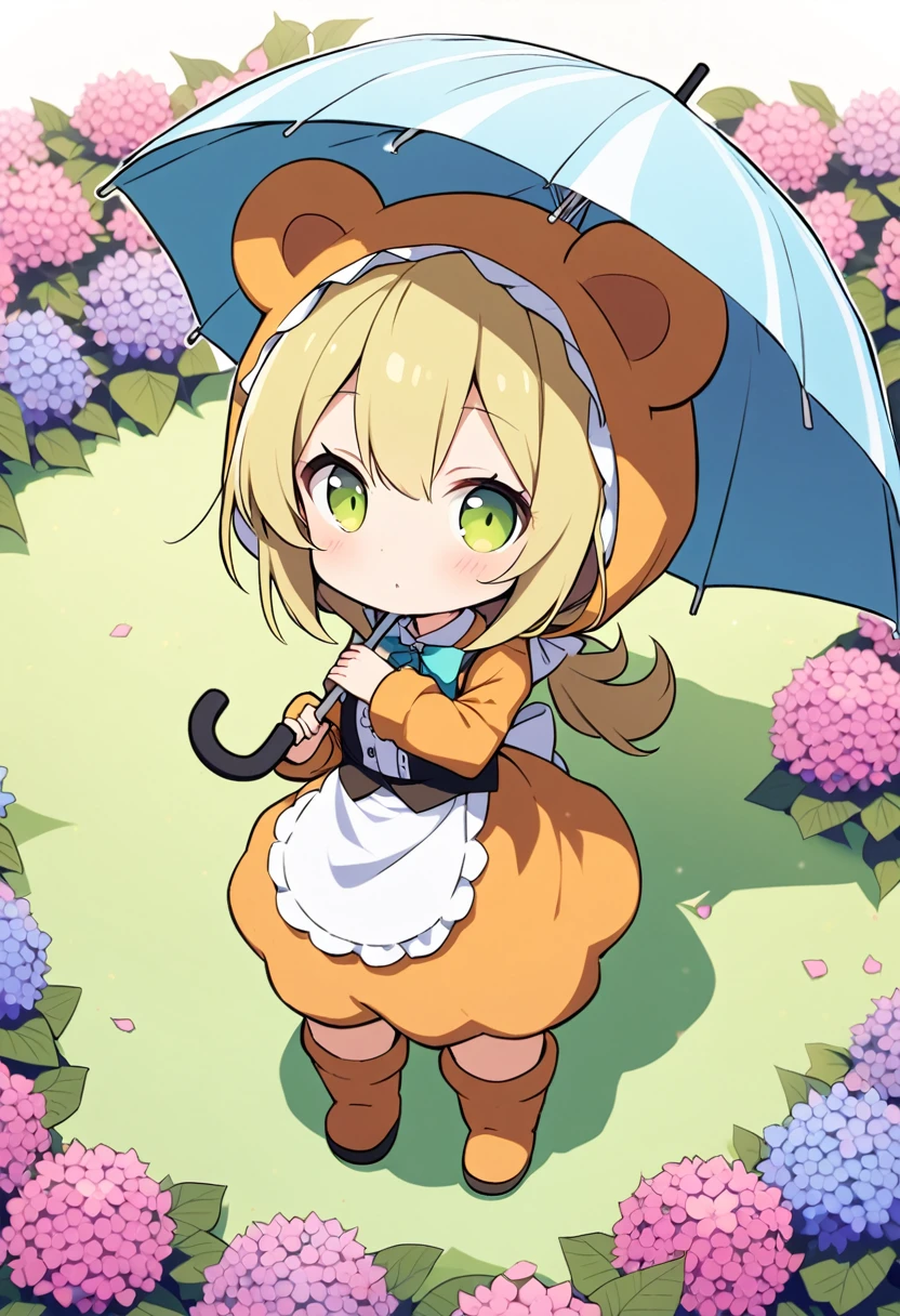 1girl,deltamon_beta, solo, (eyes highlight,((upturned eyes)),((Angle from above:1.3)),from above、Looking at camera,((umbrella:1.3)),
BREAK  {ponytail |short twintails | long hair |layered cut|bob cut},{black hair|brown hair|blonde hair},((idol)),((loli,Maid)),((chibi,loli)), (((hydrangea),a lot of flowers)),(bear full body costume Kigurumi),((Holding an umbrella:1.3))