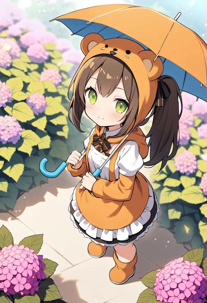 1girl,deltamon_beta, solo, (eyes highlight,((upturned eyes)),((Angle from above:1.3)),from above、Looking at camera,((umbrella:1.3)),
BREAK {ponytail |short twintails | long hair |layered cut|bob cut},{black hair|brown hair|blonde hair},((idol)),((loli,Maid)),((chibi,loli)), (((hydrangea),a lot of flowers)),(bear full body costume Kigurumi),((Holding an umbrella:1.3))