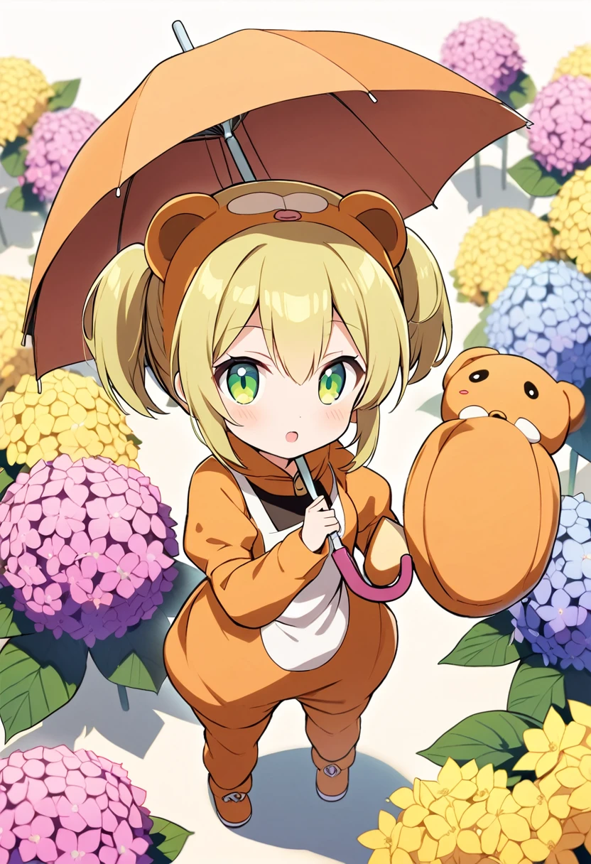 1girl,deltamon_beta, solo, (eyes highlight,((upturned eyes)),((Angle from above:1.3)),from above、Looking at camera,((umbrella:1.3)),
BREAK {ponytail |short twintails | long hair |layered cut|bob cut},{black hair|brown hair|blonde hair},((idol)),((loli,Maid)),((chibi,loli)), (((hydrangea),a lot of flowers)),(bear full body costume Kigurumi),((Holding an umbrella:1.3))