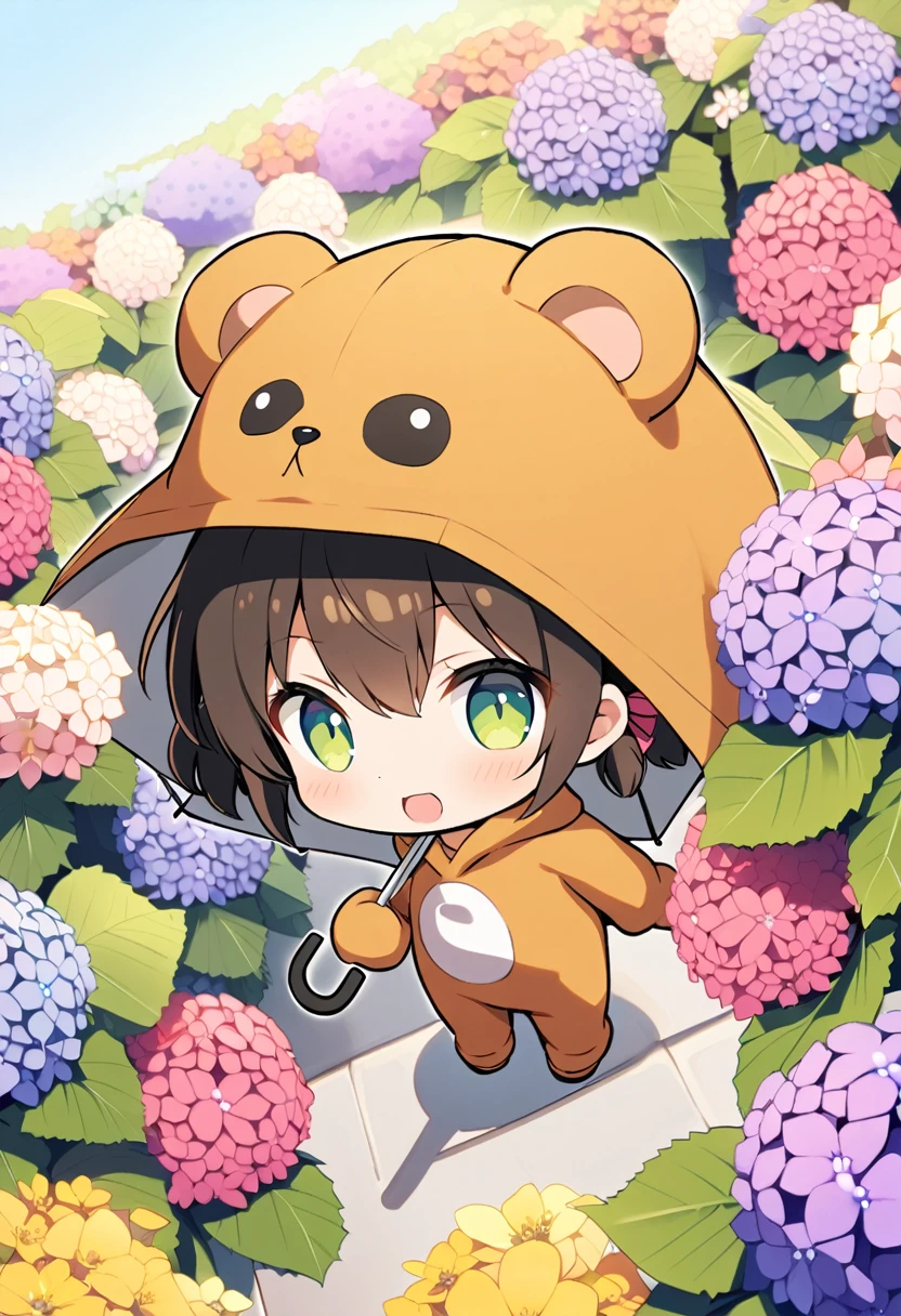 1girl,deltamon_beta, solo, (eyes highlight,((upturned eyes)),((Angle from above:1.3)),from above、Looking at camera,((umbrella:1.3)),
BREAK {ponytail |short twintails | long hair |layered cut|bob cut},{black hair|brown hair|blonde hair},((idol)),((loli,Maid)),((chibi,loli)), (((hydrangea),a lot of flowers)),(bear full body costume Kigurumi),((Holding an umbrella:1.3))
