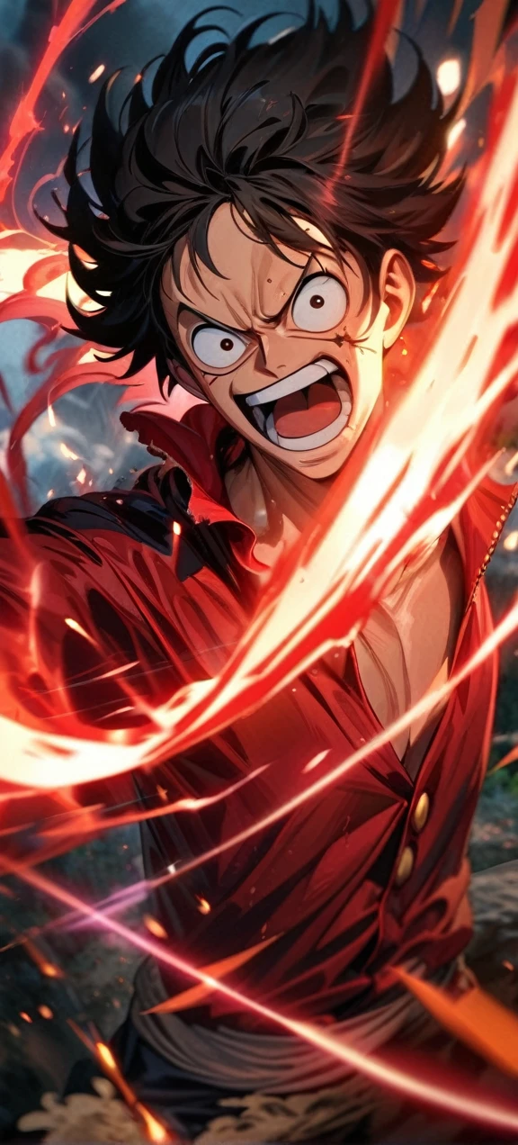 High quality, ,absurdres, highres, ultra detailed, HDR, masterpiece, extremely detailed face and eyes, Luffy , One Piece,, Black hair ,red shirt, solo, ,man, handsome, ,, Epic fight scene, red splashing effect,red lightning effect,glowing glitters , full effect, symetrical