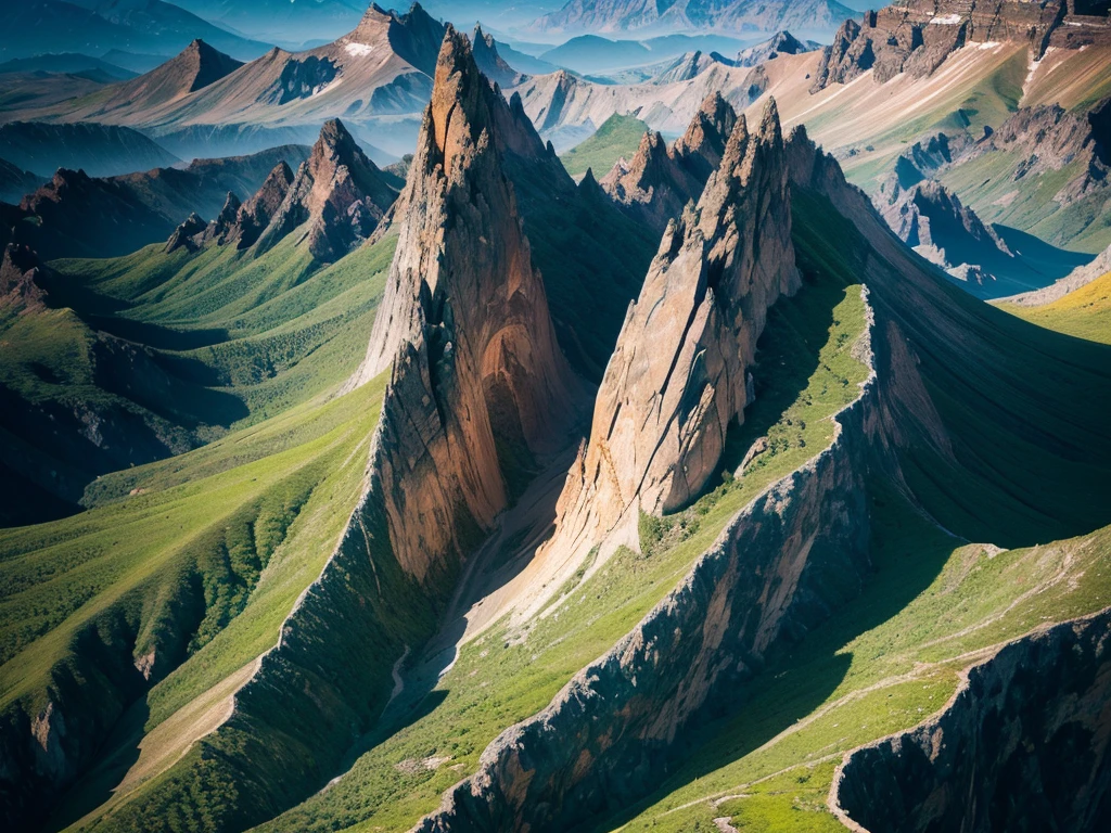 Intricately layered strata, jagged peaks, and shimmering mineral patterns compose the geological surfaces captured in this mesmerizing image. The rugged surfaces show a rich tapestry of colors and textures, ranging from earthy browns to striking blues and greens. This photograph expertly captures the natural beauty of rock formations and mountains, highlighting the intricate details and vibrant hues present in the scene. Every detail is sharp and clear, immersing viewers in the breathtaking landscapes of the earth's geological wonders.