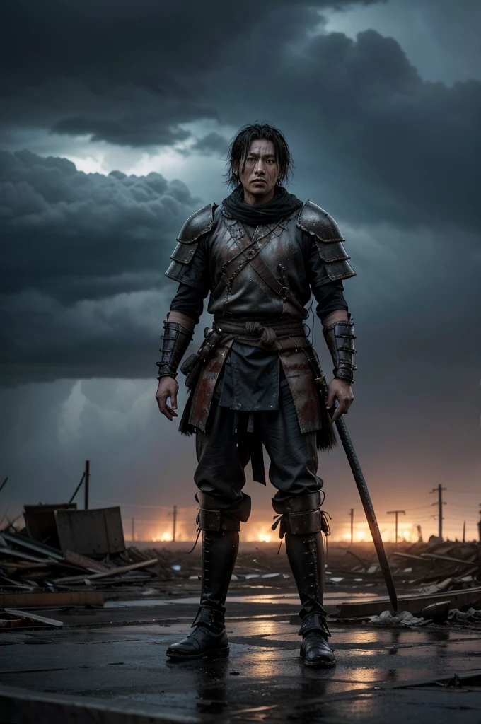  "A post-apocalyptic scene in the rain featuring a samurai walking through a desolate, ruined landscape. The samurai is wearing traditional armor that shows signs of damage and wear, holding two bloodied swords, one in each hand. The environment is filled with destroyed buildings, twisted metal, and scattered debris. Rain pours heavily, adding to the dramatic and intense atmosphere, with water droplets bouncing off his armor. The background shows a dark, gloomy sky with storm clouds and occasional lightning. The remnants of a once-thriving city are now reduced to rubble, creating a haunting and grim setting. The overall mood is somber and resolute, capturing the samurai's unwavering spirit amidst the chaos. The art style is semi-realistic, emphasizing the gritty textures and haunting details of the scene. Image in 4K resolution.",
"size": "1792x1024"