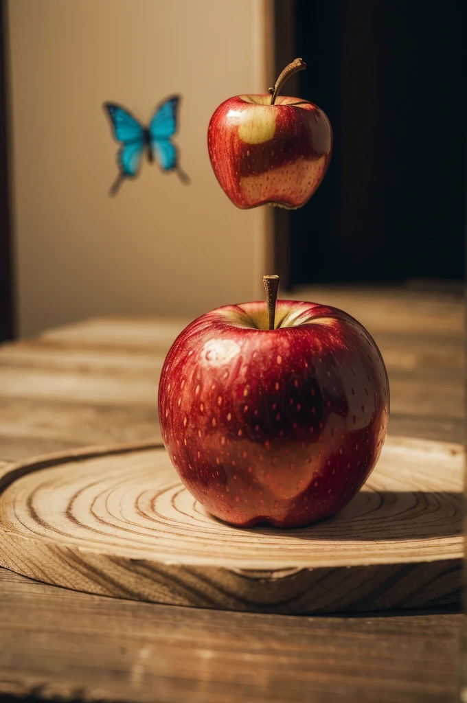((best qualityer)), ((work of art)), (detailded), a single red apple on a table with two butterflies, a blue butterfly and a yellow butterfly