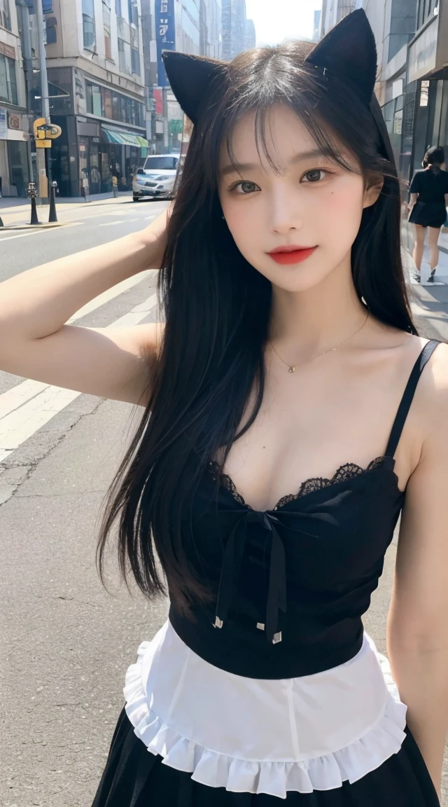 1 girl,Long hair,Smile, ((maid outfit)),(On the city streets) original photo, (photo实际of:1.37, 实际of), High detail CG unified 8K wallpaper, Looking at the audience, (((Directly from the front))), (Head office skin:1.8, 有光泽of皮肤), 8KUltra HD, SLR camera, 柔和of灯光, 高quality, Film Grain, XTrofessional lighting:1.6),thick lips,Duckbill,巨大of,Low-cut装,Expose the upper chest(masterpiece, 最好of_quality, Super detailed, 8K, Ultra HD, Flawless:1.latin Blue Hair, Blue Hair,Catwoman,, Cat ears, 发光of粉红色眼睛, 害羞of, 合规of, Blushed, Moist oily skin,, 大of胸, 上面of心形纹身, , 大of腿粗, 优美of臀部曲线, 巨大of,E cup,Toxopus, Tight skin, Scantily clad, Lace, collar, For the audience, midnight, of,,Japanese Goddess, Cardigan Shirt, Korean Girl, 美丽ofAsian Girls, V-neck dress, Low-cut,巨大of,Expose the upper half of the chest,Not compact,下垂of大of胸,华丽of中国模特, 美丽of年轻韩国女人, Japanese Models, thick lips,Duckbill,Asian Girls, 美丽of年轻韩国女人,, 美丽of韩国女人,, Looking ahead,巨大of,大of,up,Portraits,super closeup,Facing the camera,Be careful when taking photos,Japanese ladies,Shredded Pork,丰满of身体,black