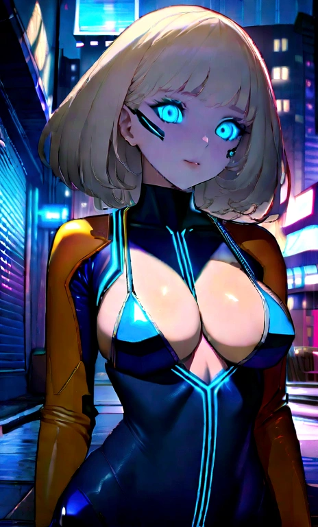 a woman covered in intricate white cybernetics, blue led lights, battle suit, cleavage, high tech, ultra high def, 32k, (Bikini Cyborg robot parts), (detailed:1.4), cyberpunk city background, rainy street, beautiful face, golden long hair, professional lighting, masterpiece, very delicate and beautiful, professional photograph