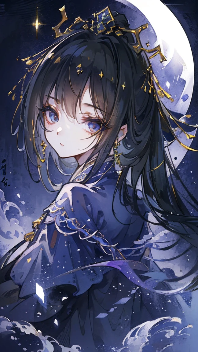 (extremely detailed 8K wallpaper),(ultra detailed),(best quality),(masterpiece),(highly detailed),(cinematic lighting),(original), cold light, mood,((headshot))),(Chinese artful style painting)), 1 girl, solo, black hair, black eyes, simple clothes and jewelry,(((eyes sparkle in the moonlight))))))