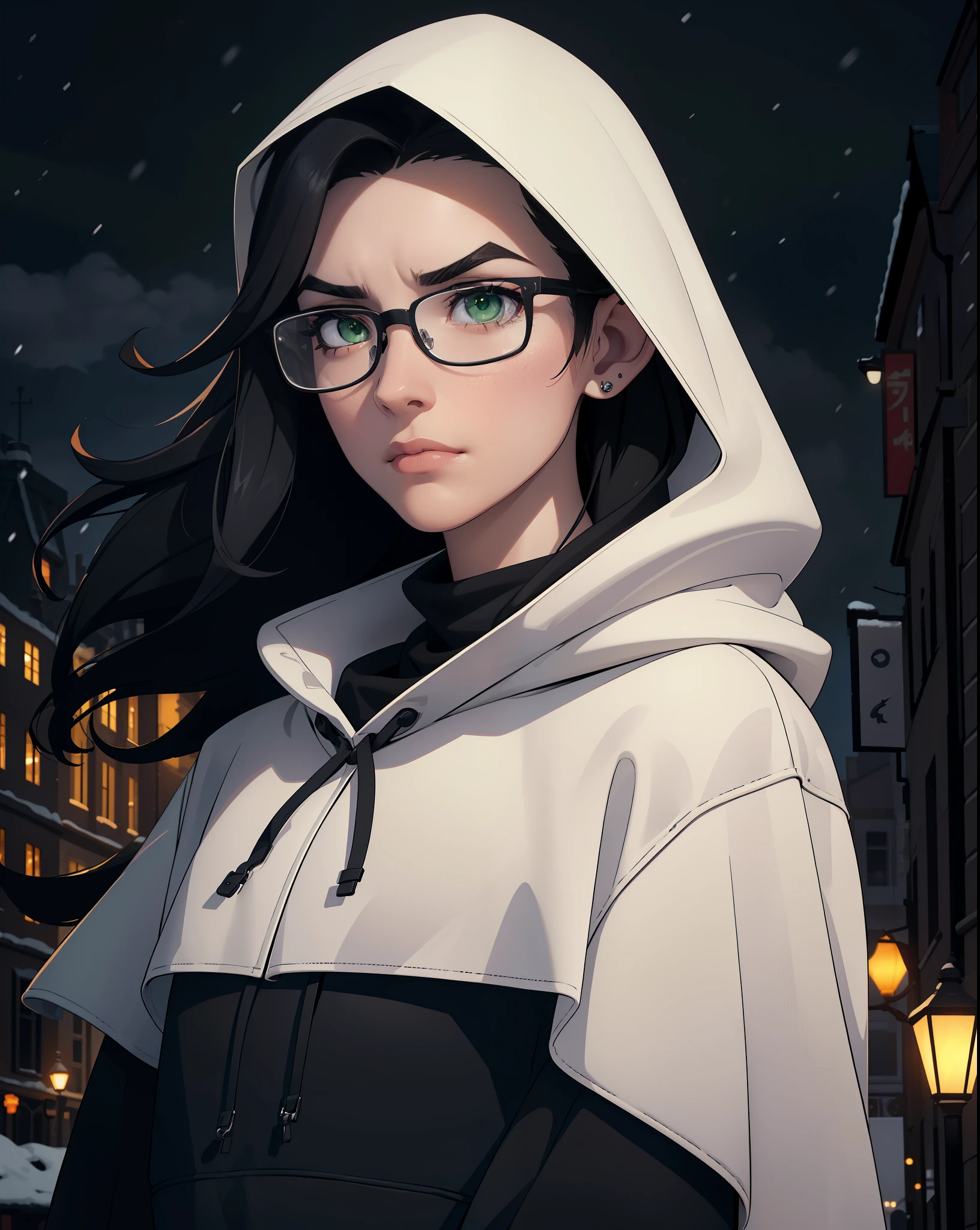 Best quality, volumetric lighting, cinematic lighting, masterpiece, ultra high res, 4k, (soft round detailed face), (sad expression), (detailed green eyes), bags under eyes, thick eyebrows, depressed, melancholy, (wearing rounded glasses), (very pale light skin), detailed black hair, ((long messy greasy hair)), (plain black hoodie), black stud earrings, black nail varnish, unwashed, unkempt, disheveled, sodium streetlamps, midnight, dark clouds, London, snow