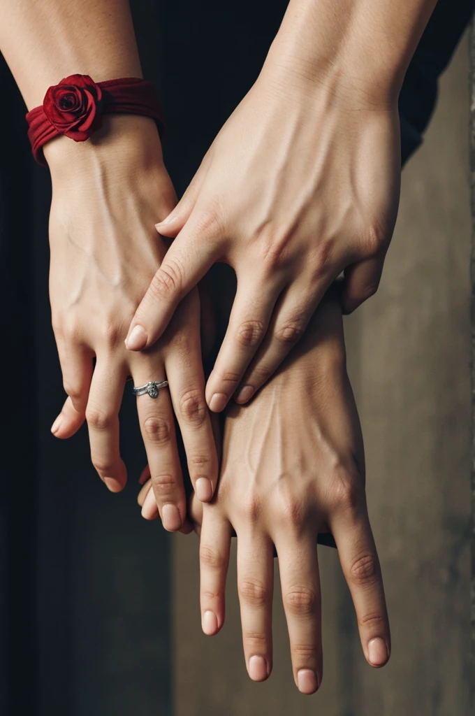 two people holding each others hands, one of the hands is very feminine and has no blood on the hand, the other hand is very masculine with blood on the hand