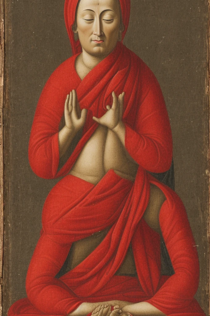 A person with eyes covered by a red cloth sits cross-legged, meditating with six arms