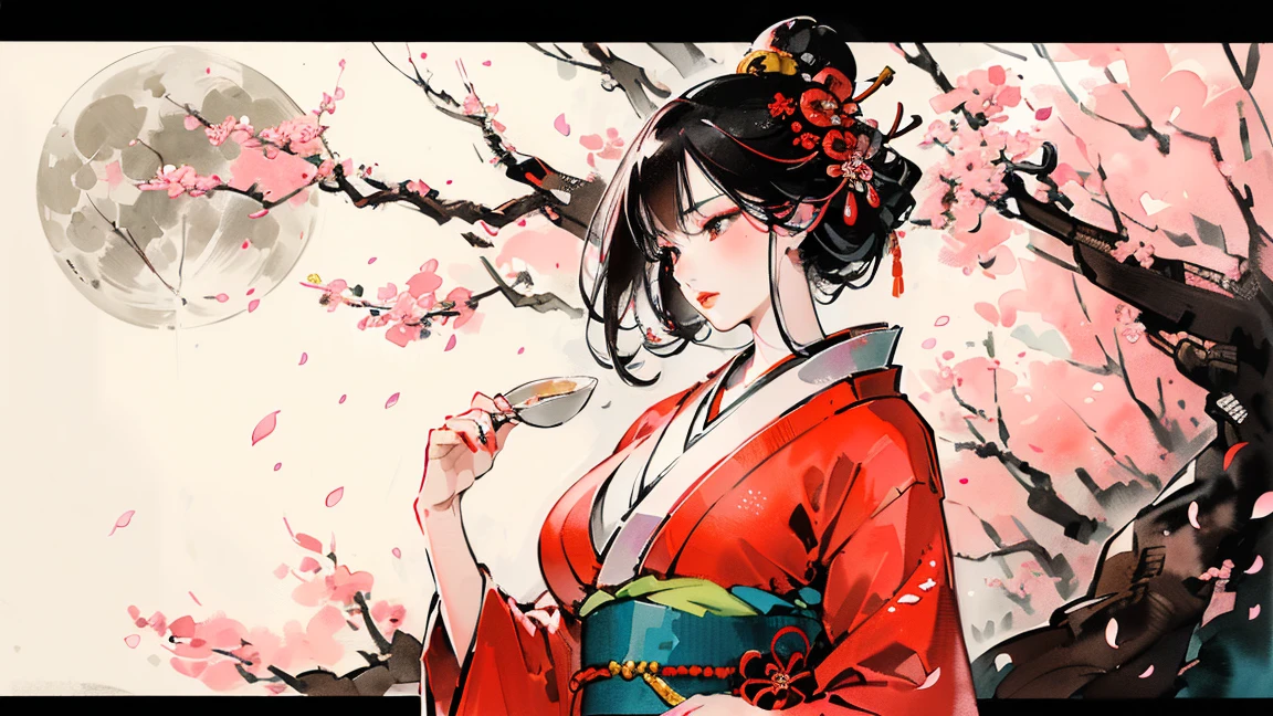 (((Oiran))),(((Prostitute))),(((Huge full moon))), (((Cherry blossom petals are falling))), Flashy kimono,hair ornaments, Scenery of kyoto、(Lips are red:1.5)、 20-year-old, Watercolor, masterpiece, Highest quality, Very delicate and beautiful girl,Very delicate and beautiful, world masterpiece theater, Super detailed, Very detailedな, Highest quality,(((赤いFlashy kimono)))。(((赤いFlashy kimono)))。(((赤いFlashy kimono)))。(((赤いFlashy kimono)))。(((赤いFlashy kimono)))。(((赤いFlashy kimono)))。(((赤いFlashy kimono)))。(((赤いFlashy kimono)))。 (((Black Hair))), (((Black Hair))), (((Black Hair))), (((Cherry tree))), (((Cherry tree))), (((Cherry tree))), (((Cherry tree))), (((Upper Body))), (((Upper Body))), (((Upper Body))), (((Upper Body))), (((Upper Body))), (((Upper Body))), High resolution, Very detailed,5 girls, Highest quality, figure, masterpiece, Highest quality, Accuracy, A woman in her twenties from the late Edo period.。(((赤いFlashy kimono)))。 。In the style of old Japanese paintings with low saturation、The women look like modern anime characters..、She has a bit of Kabuki makeup on..。Strong 2D feel。night。night。night。night。night。night。night。night。