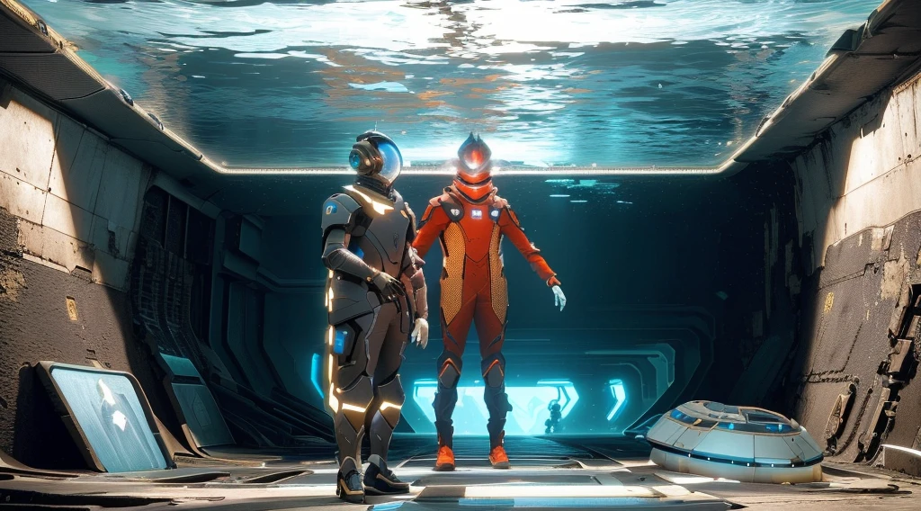 there are two people standing in a tunnel with a spaceship in the background, in a underwater horror scene, fashion gameplay screenshot, humans hide in the underwater, 2020 video game screenshot, life simulator game screenshot, video game screenshot>, screenshot from the game, standing in a space ship wreck, standing under the sea, video game screenshot