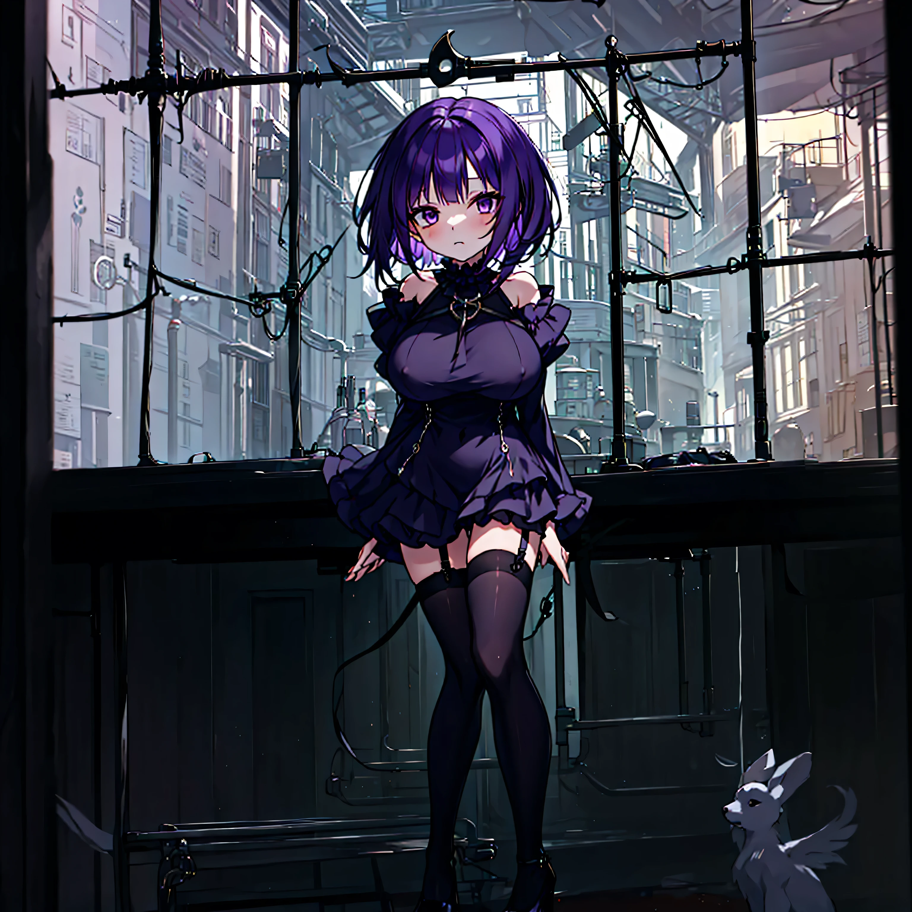 (solo), (1 skinny short girl:1.2), in the dark hall of mansion, (midnight), purple eyes over hair, Gothic Lolita, arms behind back, BREAK, (black short hair), (bursting huge breasts:1.2), (bouncing huge breasts:1.2), pale white skins, (skinny narrow waist), skinny legs, BREAK, (frilled layered black short dress), (frilled black cape), close chest, frilled long sleeve, show off thigh gap, (frilled black thighhighs:1.1), stiletto heels, BREAK, sad face, orgasm, coverd erectile nipples