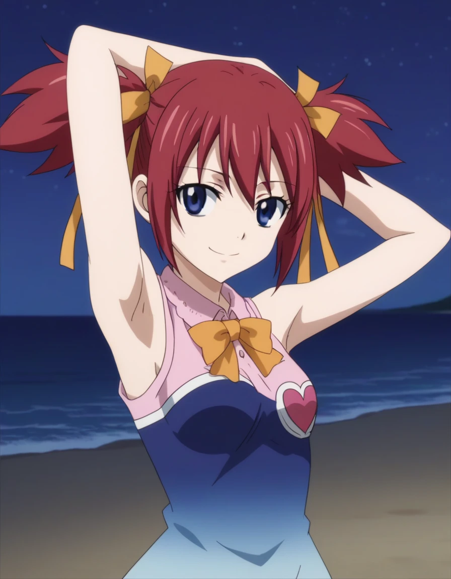 chelia_blendy, source_anime, rating_safe, intricate details, anime screencap, anime coloring, 1girl, solo,  red hair, blue eyes, ribbon, hair ribbon, twintails, short twintails, looking at viewer, solo, contrapposto, spread armpit, arms behind head, smile, looking at viewer, (cowboy shot:1.5), closed mouth, night sky, beach, high quality,