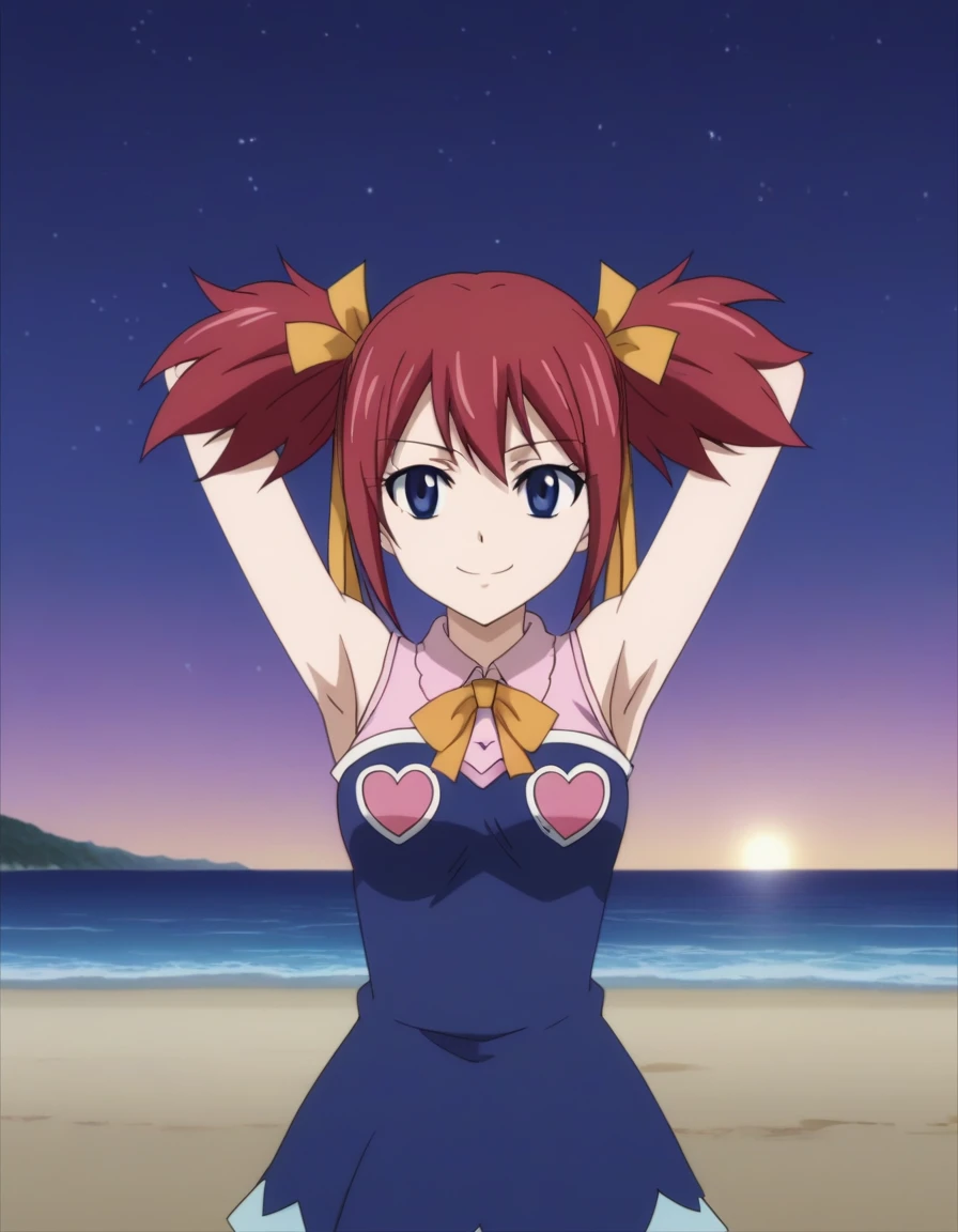 chelia_blendy, source_anime, rating_safe, intricate details, anime screencap, anime coloring, 1girl, solo,  red hair, blue eyes, ribbon, hair ribbon, twintails, short twintails, looking at viewer, solo, contrapposto, spread armpit, arms behind head, smile, looking at viewer, (cowboy shot:1.5), closed mouth, night sky, beach, high quality,