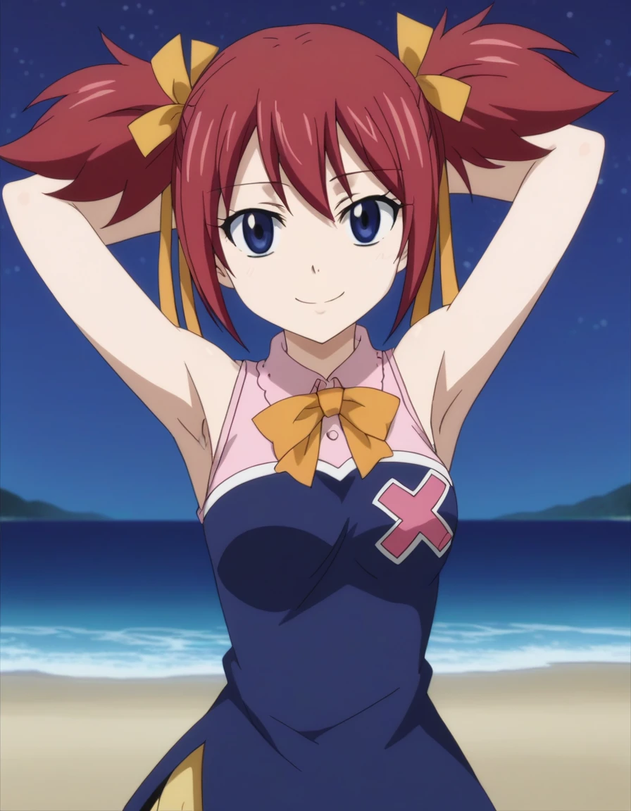 chelia_blendy, source_anime, rating_safe, intricate details, anime screencap, anime coloring, 1girl, solo,  red hair, blue eyes, ribbon, hair ribbon, twintails, short twintails, looking at viewer, solo, contrapposto, spread armpit, arms behind head, smile, looking at viewer, (cowboy shot:1.5), closed mouth, night sky, beach, high quality,