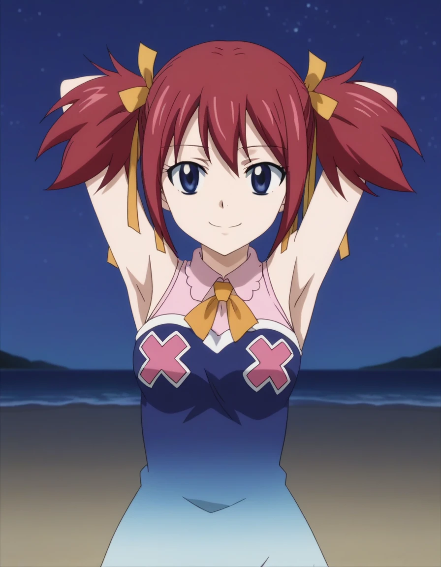 chelia_blendy, source_anime, rating_safe, intricate details, anime screencap, anime coloring, 1girl, solo, red hair, blue eyes, ribbon, hair ribbon, twintails, short twintails, looking at viewer, solo, contrapposto, spread armpit, arms behind head, smile, looking at viewer, (cowboy shot:1.5), closed mouth, night sky, beach, high quality,