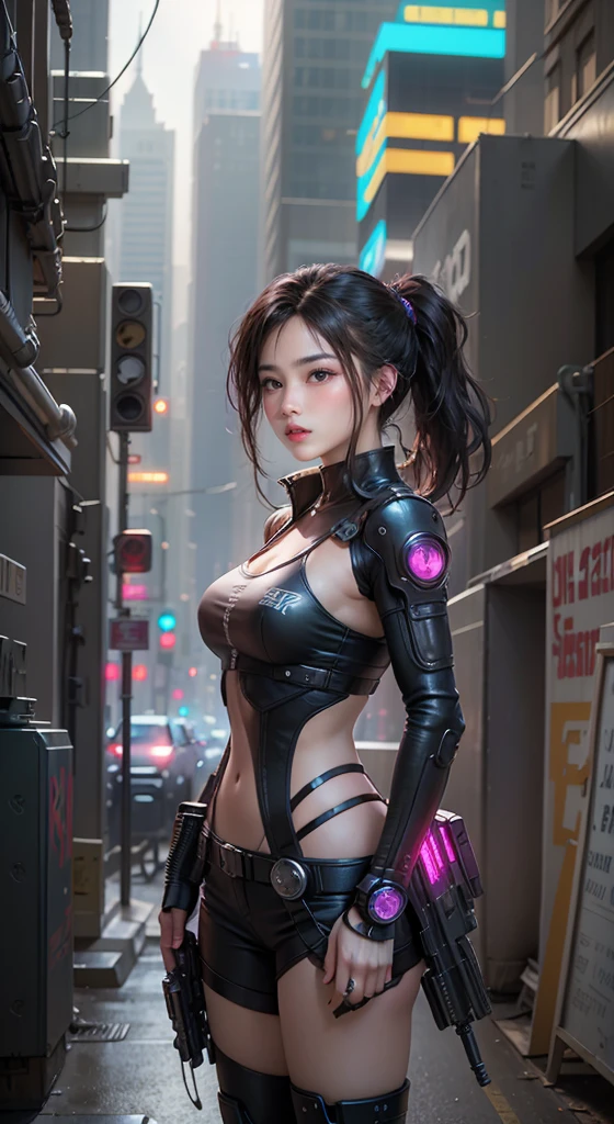 there is a woman with a gun in a city, Stylized urban fantasy artwork, glamorous jill valentine, Kushatt Krenz Key Art Women, jet black haired cyberpunk girl, (cu7rvy body 1.3)))cyberpunk angry gorgeous goddess, cyberpunk judy alvarez, Cyberpunk 2 0 y. o model girl, Digital cyberpunk anime art, female cyberpunk anime girl, cyberpunk beautiful girl, cyberpunk anime girl, Cyberpunk girl