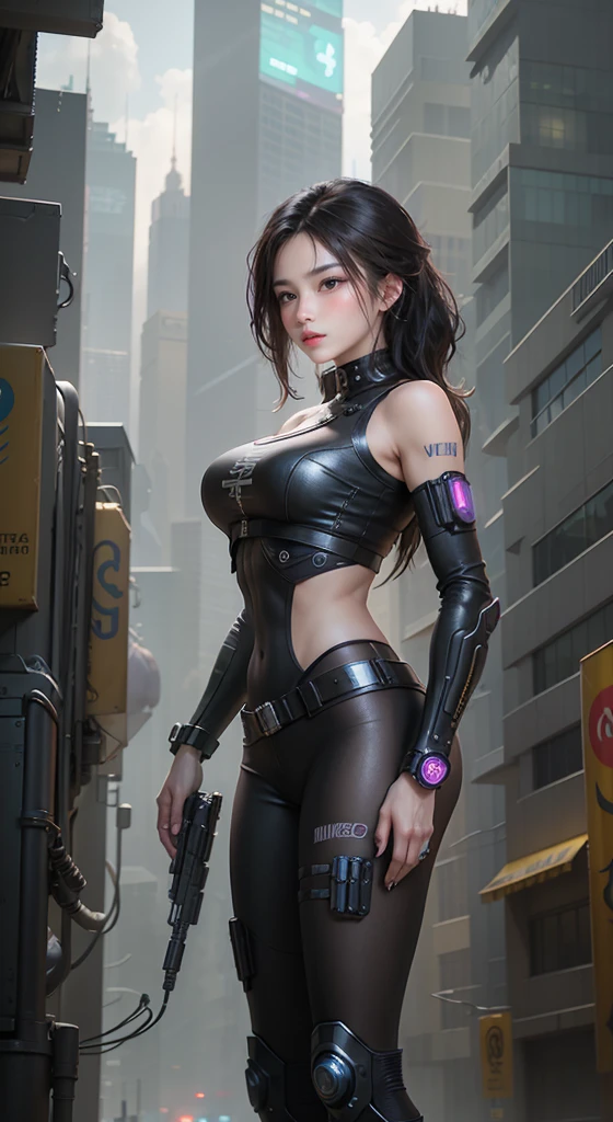 1girl,solo,large breasts,
blackhair, yellow eyes, very long hair,
cityscape, cyberpunk, night,
hand on hip, standing, cowboy shot,
outfit-gantz,latex breast curtains, black panties, <lora:OutfitGantzLatexBreastCurtains:1>, masterpiece, best quality,incredibly absurdres, 1girl,