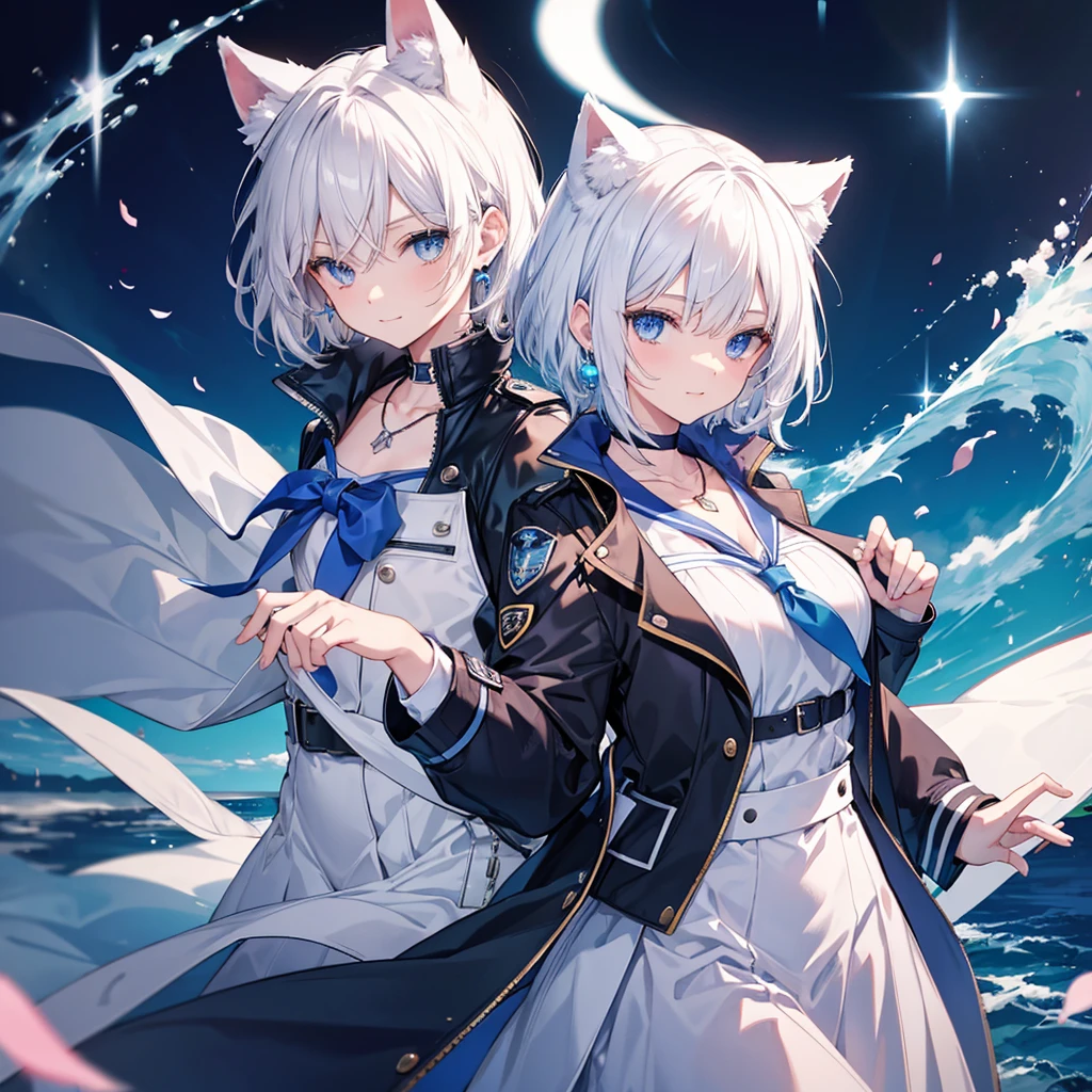 White Hair　blue eyes　short hair　Have　student　Cat ear　nice　Blue Earrings　necklace　gloves　beauty　thin　Sailor suit　Put on a black coat　Fantasy　smile　coastal　sunset　Fluffy hair