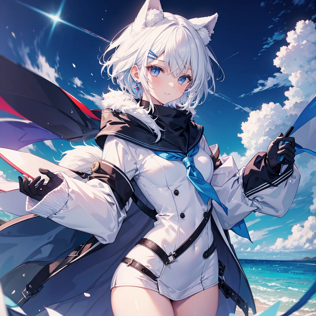 White Hair　blue eyes　short hair　Have　student　Cat ear　nice　Blue Earrings　necklace　gloves　beauty　thin　Sailor suit　Put on a black coat　Fantasy　smile　coastal　sunset　Fluffy hair