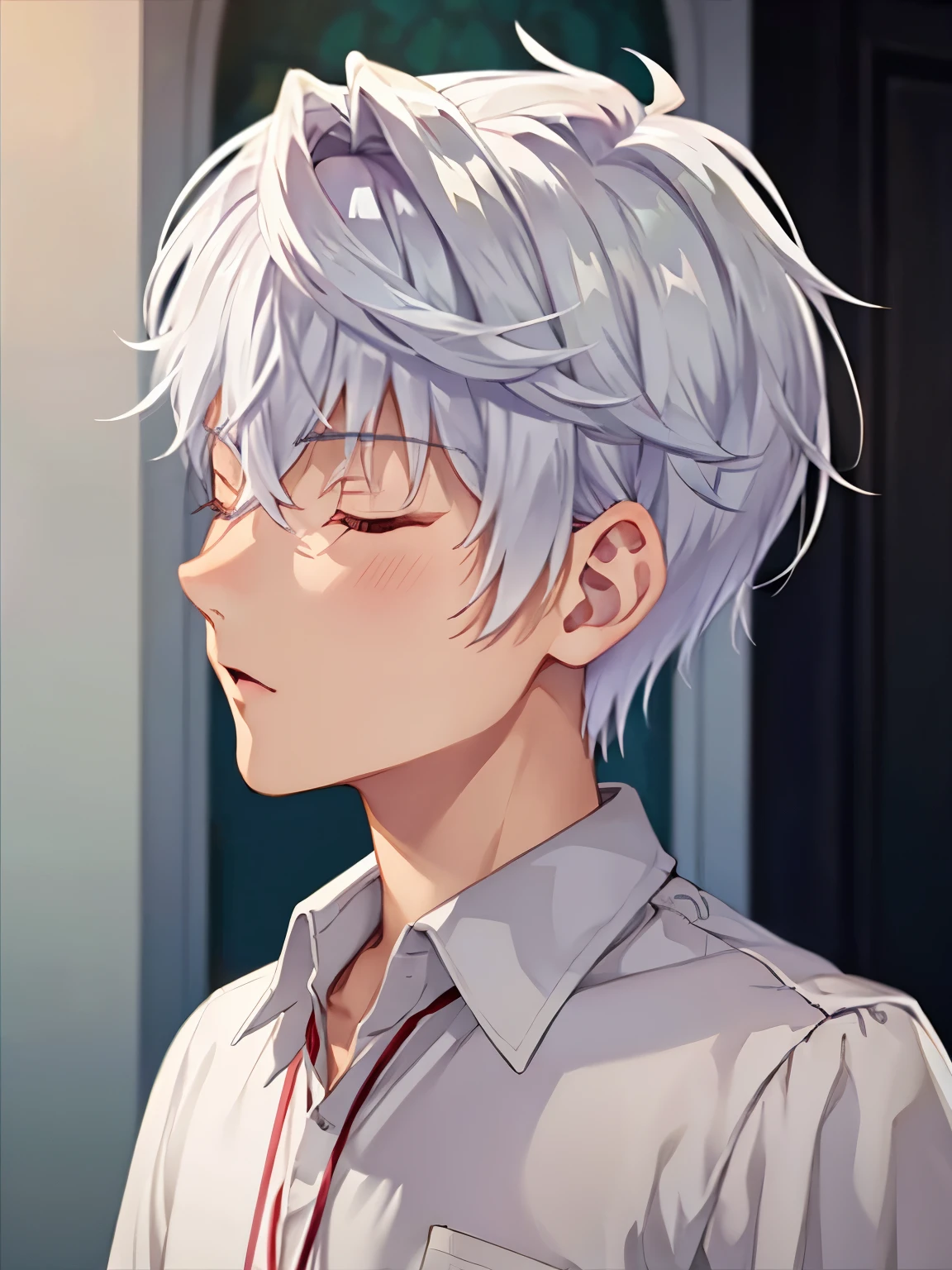 1 men, 18 years old,solo, male focus, grey hair, closed eyes, short hair, hair between eyes, bangs,White shirt, Standing, facing right, camera angle from the side, photo from the side, looking away 
