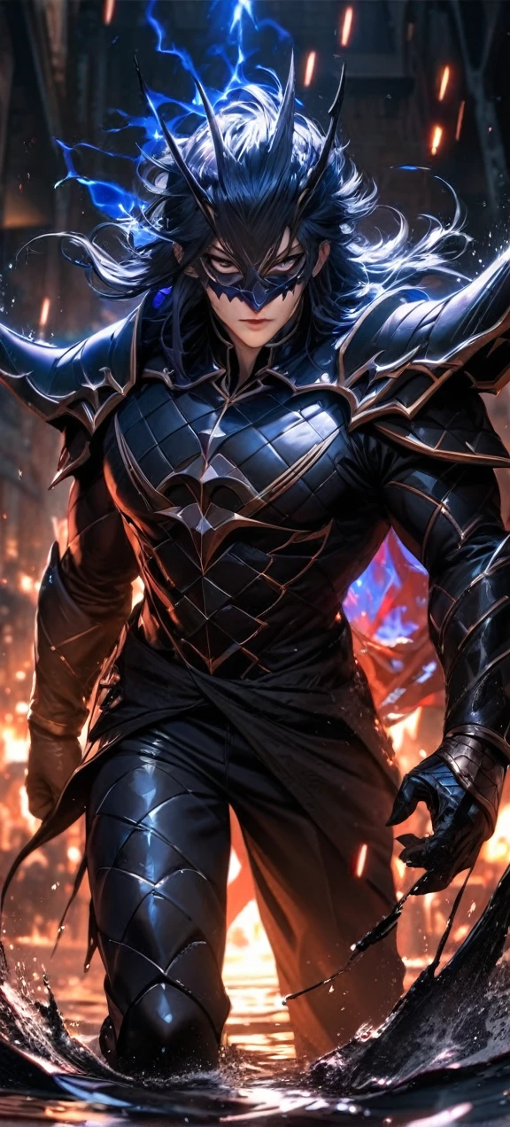  High quality, ultra realistic,absurdres, highres, ultra detailed, HDR, masterpiece, extremely detailed face and eyes,  darkbringer , cool mask , Saint Saiya , Dark Armor, solo, ,man, handsome, ,white eyeleshes, black eyes , villain expresion, black splashing effect, dark black lightning  effect,glowing glitters , symetrical , black aura