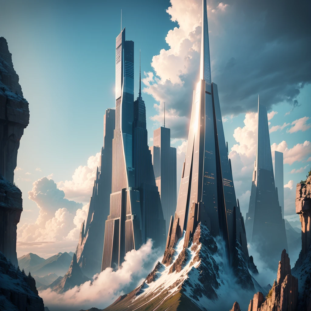 skyscrapers，ＳＦ，super huge mountain，cyber punk，Different world，best quality，8K， Highest quality ultra-high resolution Utopia， Huge Waterfall Nature，masterpiece

