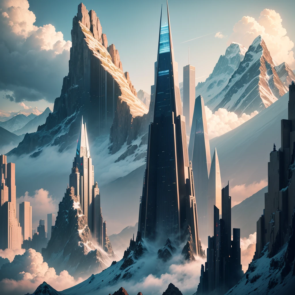 skyscrapers,SF,super huge mountain,cyber punk,Different world,best quality,8K, Highest quality ultra-high resolution Utopia, Huge Waterfall Nature,masterpiece