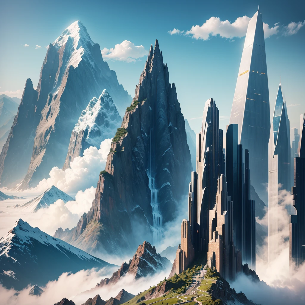 skyscrapers,SF,super huge mountain,cyber punk,Different world,best quality,8K, Highest quality ultra-high resolution Utopia, Huge Waterfall Nature,masterpiece