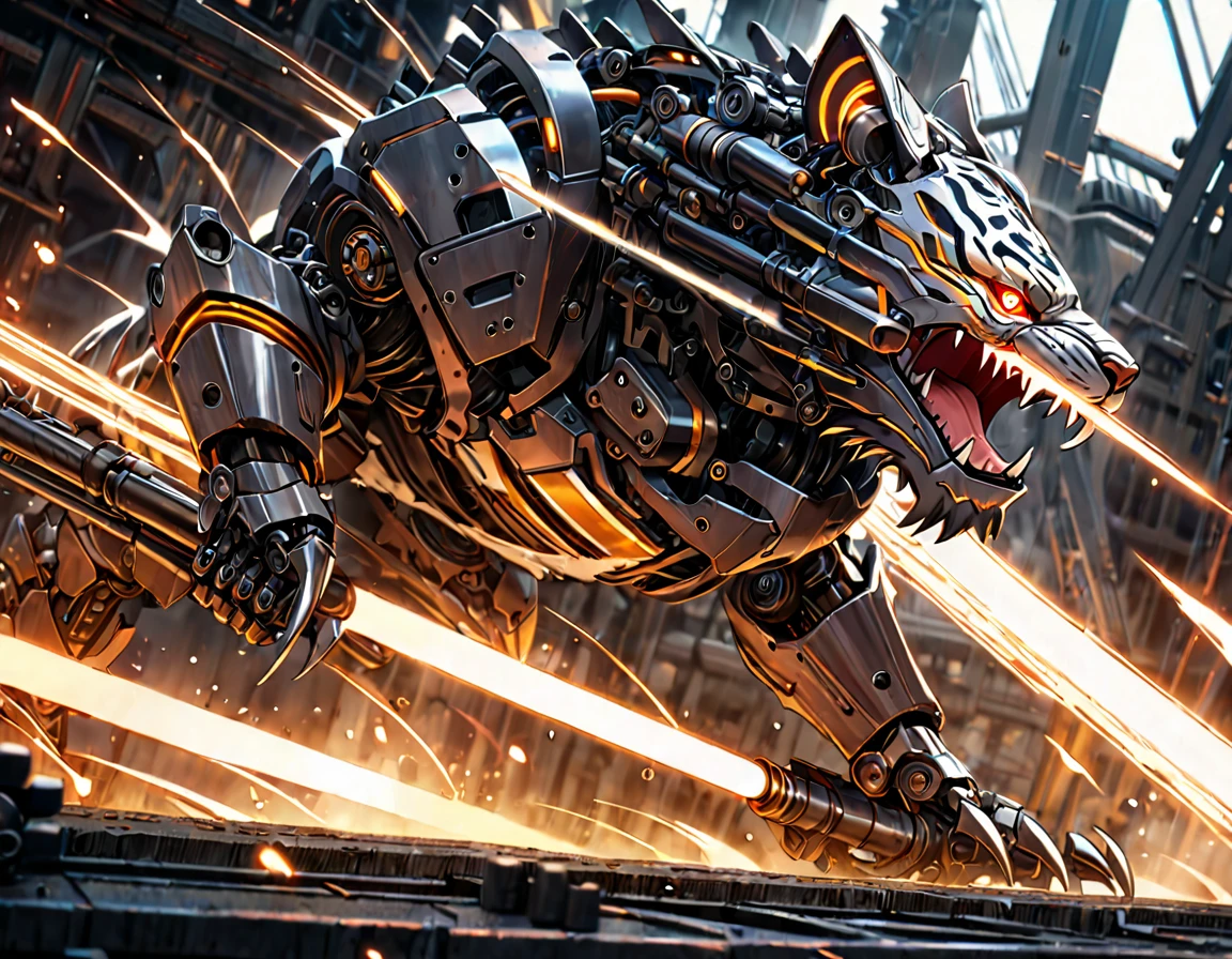 ((Masterpiece)), ((Best Quality)), (Very Detailed), ((Very Detailed)), 4K, (8K), very aesthetic, absurdres highres, create an image of a robotic mechanical beast in the form of a tiger, equipped with weaponry such as laser cannons and missiles suitable for a science fiction story. The mechanical tiger should have intricate details with gears, pistons, and metallic plates, glowing red eyes, steam coming out from its joints, visible wiring, hydraulic tubes, and a sense of wear and tear. It should have an aggressive stance, ready to pounce, with sharp claws and teeth made of polished steel, set against a dark, industrial background with hints of machinery and metal structures,