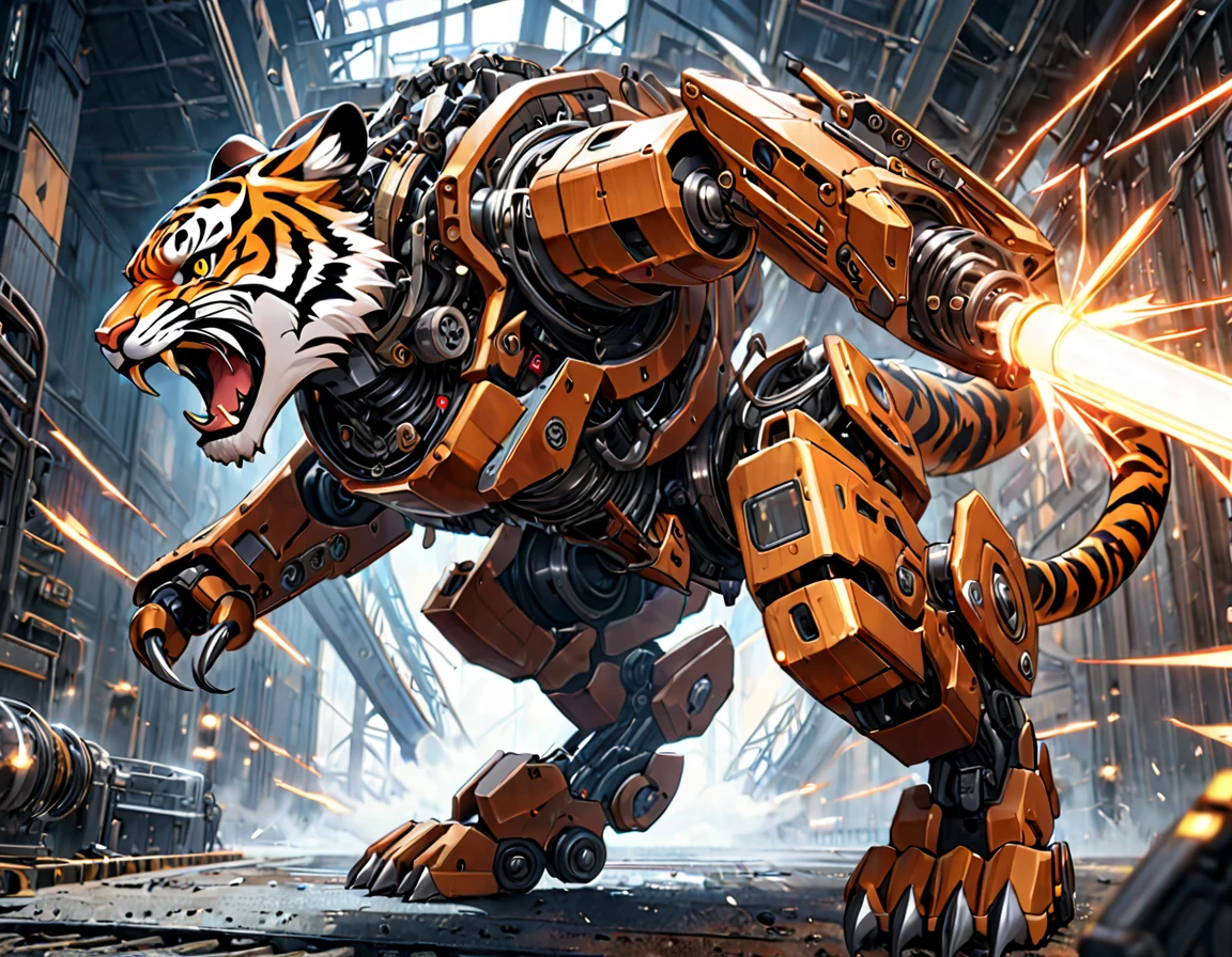 ((Masterpiece)), ((Best Quality)), (Very Detailed), ((Very Detailed)), 4K, (8K), very aesthetic, absurdres highres, create an image of a robotic mechanical beast in the form of a tiger, equipped with weaponry such as laser cannons and missiles suitable for a science fiction story. The mechanical tiger should have intricate details with gears, pistons, and metallic plates, glowing red eyes, steam coming out from its joints, visible wiring, hydraulic tubes, and a sense of wear and tear. It should have an aggressive stance, ready to pounce, with sharp claws and teeth made of polished steel, set against a dark, industrial background with hints of machinery and metal structures,