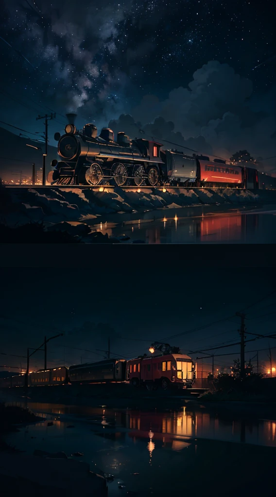 High quality masterpiece, landscape, Animated train passing through water on the tracks, Bright starry sky. Romantic Train, Pixiv, Concept Art, Lofi Art style, reflection. by Makoto Shinkai, Lofi Art, Beautiful anime scene, Anime landscape, 詳細なlandscape —幅672, in Makoto Shinkai's Style, Makoto Shinkai's Style, Enhanced Details.