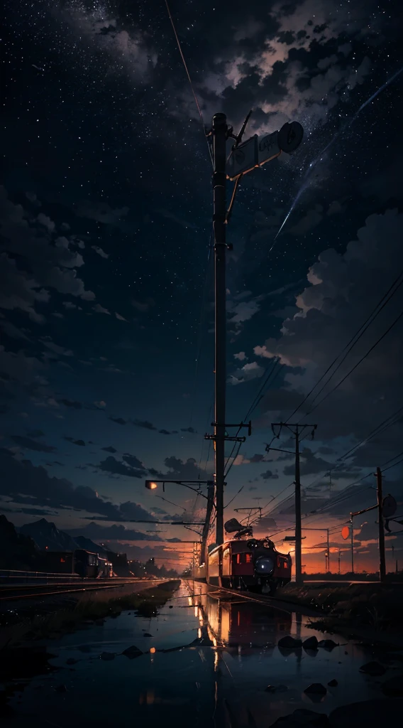 High quality masterpiece, landscape, Animated train passing through water on the tracks, Bright starry sky. Romantic Train, Pixiv, Concept Art, Lofi Art style, reflection. by Makoto Shinkai, Lofi Art, Beautiful anime scene, Anime landscape, 詳細なlandscape —幅672, in Makoto Shinkai&#39;s Style, Makoto Shinkai&#39;s Style, Enhanced Details.