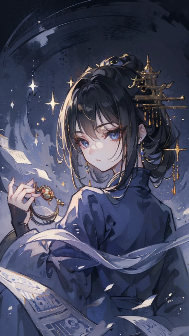 (extremely detailed 8K wallpaper),(ultra detailed),(best quality),(masterpiece),(highly detailed),(cinematic lighting),(original), cold light, mood,((headshot))),(Chinese artful style painting)), 1 girl, solo, black hair, black eyes, simple clothes and jewelry,(((eyes sparkle in the moonlight))))))