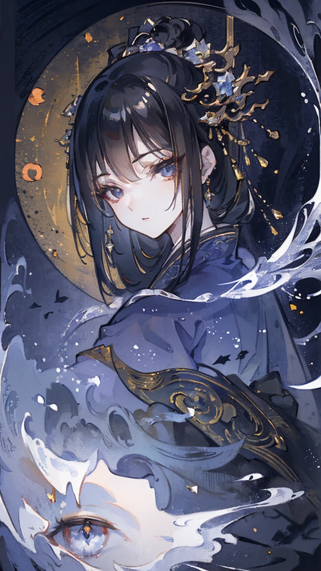 (extremely detailed 8K wallpaper),(ultra detailed),(best quality),(masterpiece),(highly detailed),(cinematic lighting),(original), cold light, mood,((headshot))),(Chinese artful style painting)), 1 girl, solo, black hair, black eyes, simple clothes and jewelry,(((eyes sparkle in the moonlight))))))