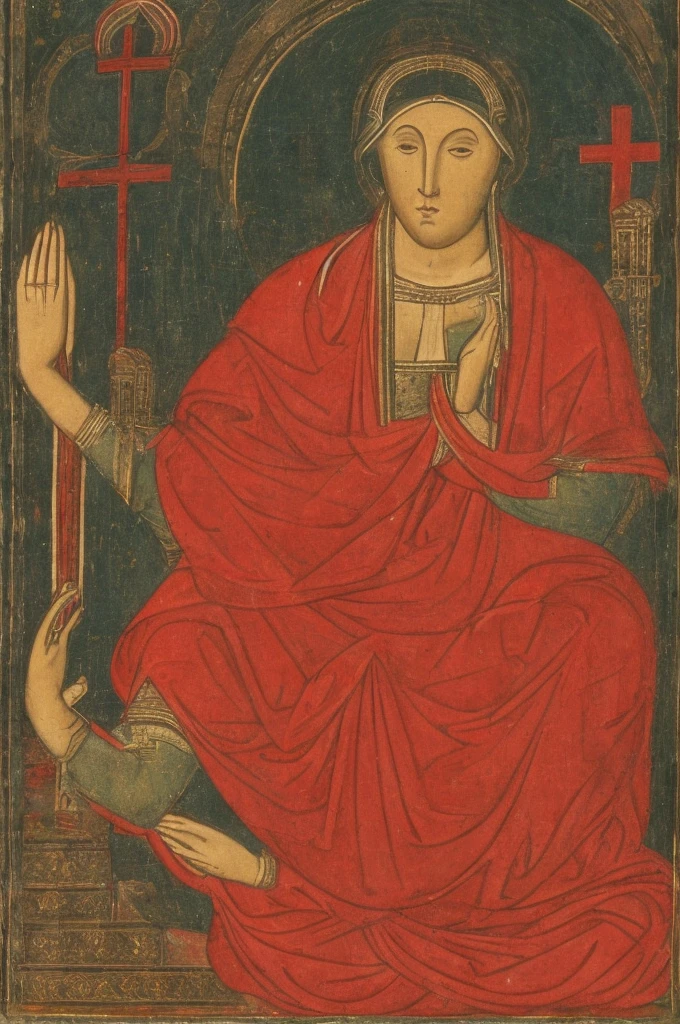 A person with eyes covered by a red cloth sits cross-legged, meditating with six arms