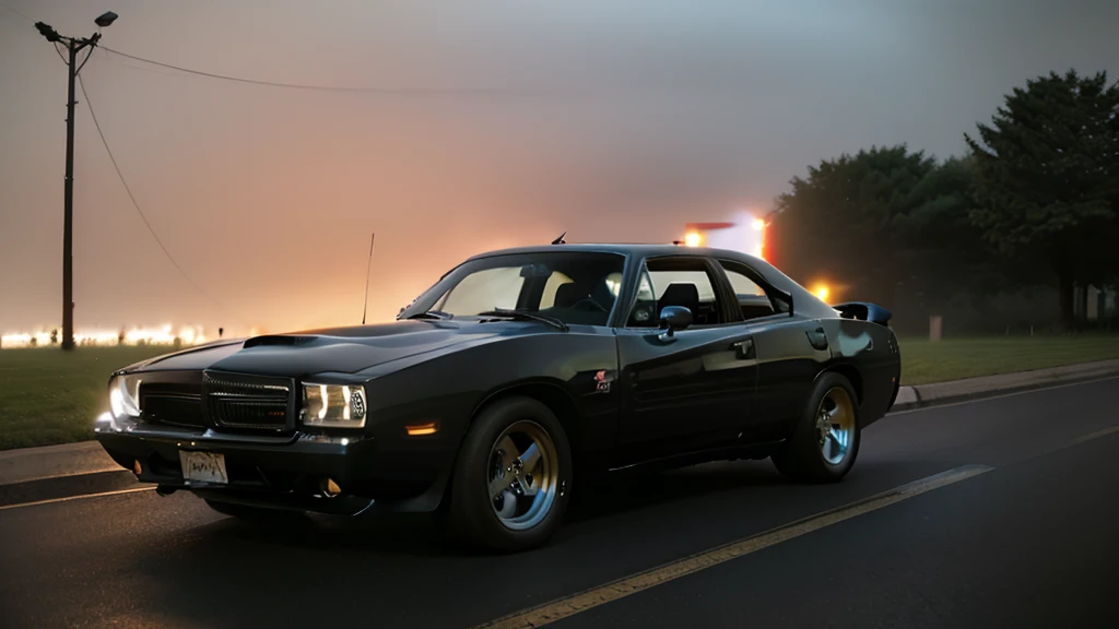 Car Dodge Charger SRT-8 black colour. are in the city in 1988. With 4k high quality. In the evening. With neon lights. Fog