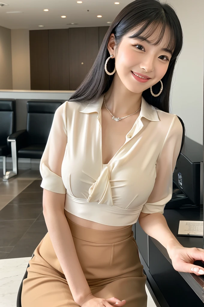 Receptionist at a client company, company receptionist, ((full body)), ((photo)), ((best qualtiy, 8K, tmasterpiece:1.3)), Focus:1.2, perfect figure beautiful girl:1.4, 1girl, cowboy shot, look at viewer, eyes facing the camera, incredibly absurd, beautiful and cute girl with a photorealistic face, showcasing top-quality craftsmanship, A Japanese girl sitting smiling as a receptionist at the reception desk, 19 years old, has long, shiny black hair, straight, with the ends curled slightly inwards, with see-through bangs cut above the eyes, fair and smooth skin, large, round almond-shaped eyes, jet black eyes, long eyelashes, double eyelids, high nose, plump lips, a smile with upturned corners of the mouth, sunken cheeks, a fragile impression, glamorous, well-balanced proportions, tall, 165cm tall, beautiful D-cup breasts, white blouse, beige tight skirt, heeled pumps, pearl necklace and earrings, silver watch, pretty older woman, beautiful, neat, has a cute voice, intelligent, elegant, calm, kind, her hobbies are reading and listening to classical music, February