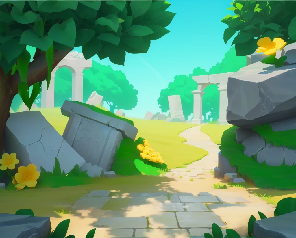 ruins,Stone road,Grass,flower,European and American cartoon style,3d,梦幻flower园风格,high quality