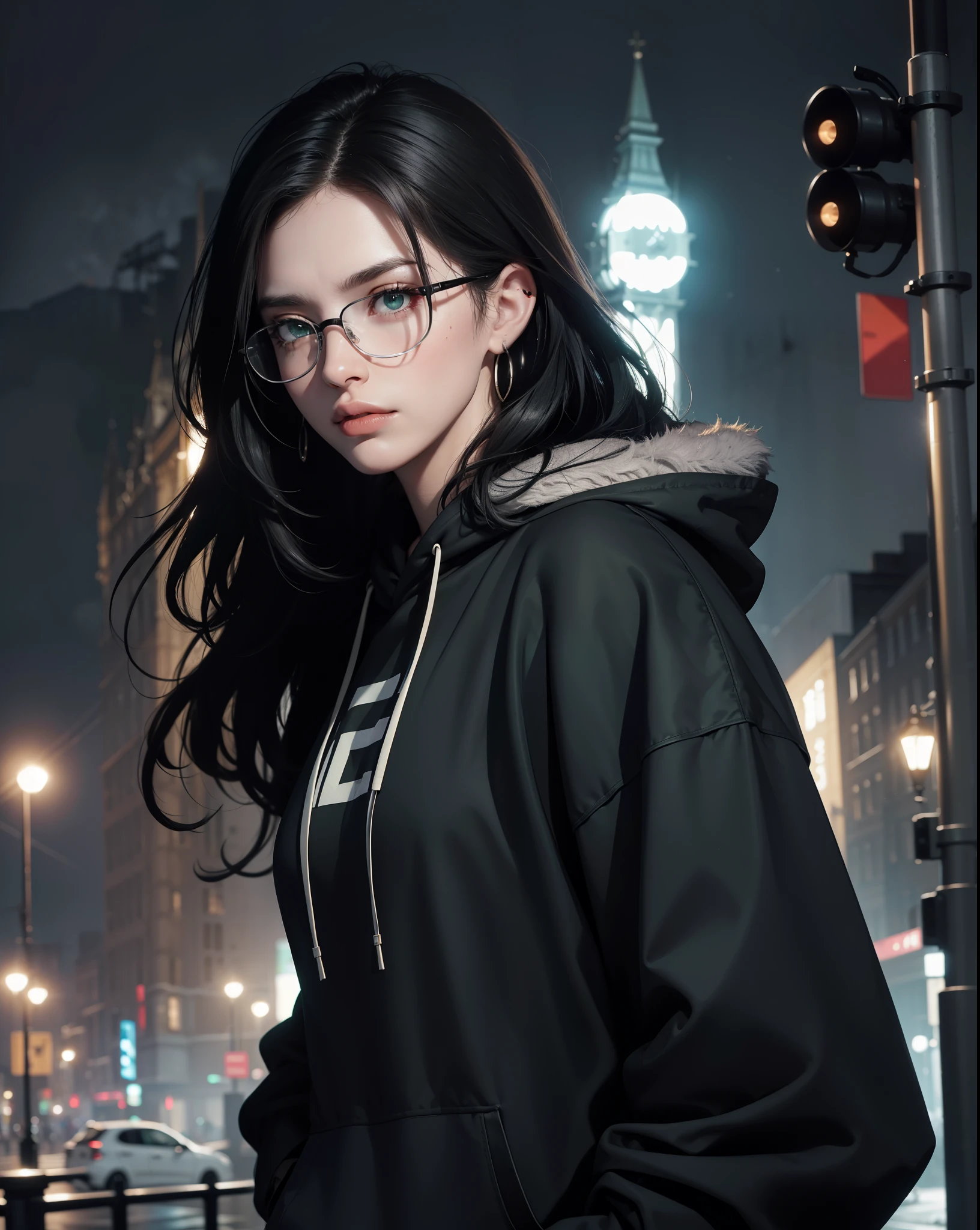 Best quality, volumetric lighting, cinematic lighting, masterpiece, ultra high res, 4k, (soft round detailed face), (sad expression), (detailed green eyes), bags under eyes, thick eyebrows, depressed, melancholy, (wearing rounded glasses), (very pale light skin), detailed black hair, ((long messy greasy hair)), (plain black hoodie), black stud earrings, black nail varnish, unwashed, unkempt, disheveled, sodium streetlamps, midnight, dark clouds, London, snow
