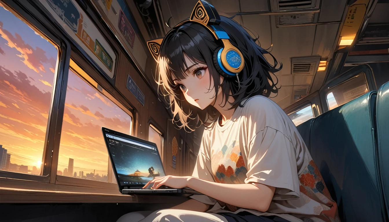 ((8k of extremely detailed CG unit, Masterpiece, high resolution, highest quality, highest quality real texture skin)), (((shoot ???????????))), (wearing Japanese pattern headphones), ((1 girl)), ((Sitting in a seat on a train)), ((Looking at one laptop screen)), ((Sunset through the big window)), (Japanese pattern Tシャツ), (Black hair, messy hair, beige skin), (surreal, digital painting)