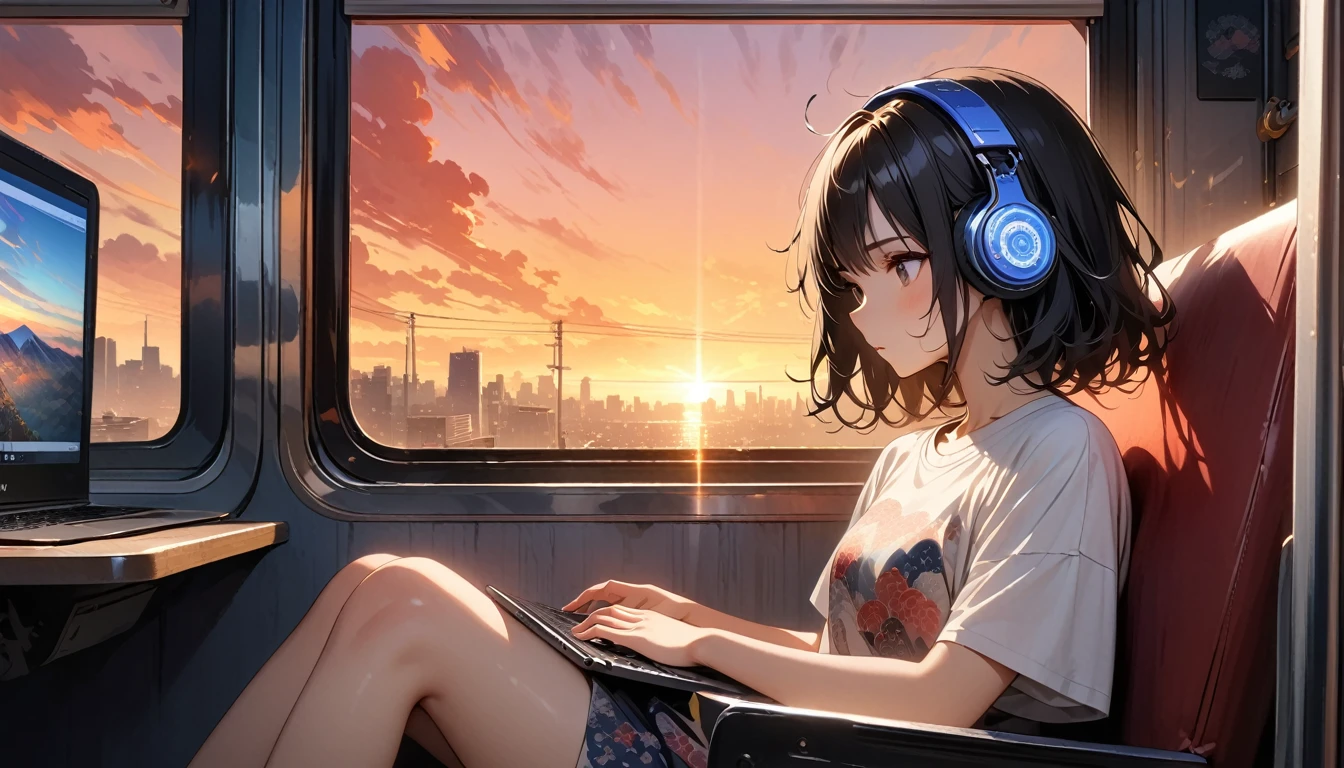 ((8k of extremely detailed CG unit, Masterpiece, high resolution, highest quality, highest quality real texture skin)), (((shoot from behind))), (wearing Japanese pattern headphones), ((1 girl)), ((Sitting in a seat on a train)), ((Looking at one laptop screen)), ((Sunset through the big window)), (Japanese pattern Tシャツ), (Black hair, messy hair, beige skin), (surreal, digital painting)