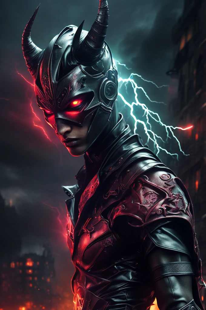 powerfull (demonic creature:1.2), red tech googles, demon mask, androgynous male, strong pose, tech heavy armor, Raiden, metal gear style, lightning effects, thunder effects, dark sky raining, god of thunder, dark hair, infernal city background, tall structures, infernal towers background, dark red colors, apocalyptical, far distance, full body, perfect detailed face, detailed symmetric circular iris, realistic, stunning realistic photograph, 3d render, octane render, intricately detailed, cinematic, Isometric, dark fantasy theme, mystical, Dark theme, underworld theme, deviant art masterpiece, white skin, crimson eyes, dark tattoos, colour grading, dark illustration, extreme quality, extremely detailed, ultra-detailed face, ultra hd 8k, dark lightning, concept art, hyperdetailed, intricately detailed gothic art, triadic colours, fantastical, intricate detail, splash screen, complementary colours, fantasy concept art, 8k resolution, soft lighting, film photography, film grain, hyperrealist